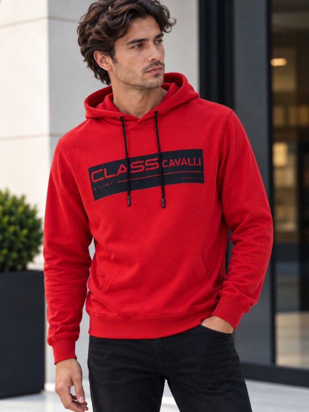 Cavalli Class Men's Red Pullover Hoodie Black Logo Graphic Size M